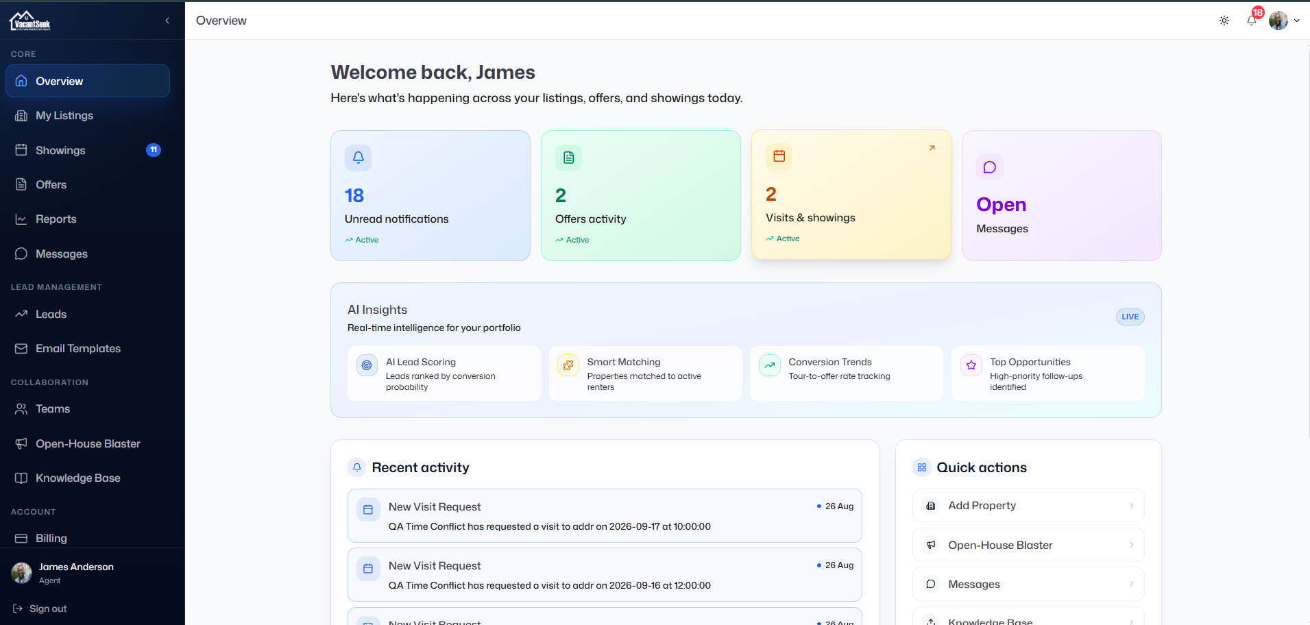 The VacantSeek agent dashboard, showing the overview with notifications, offer activity, visits and showings, AI insights, recent activity and quick actions.
